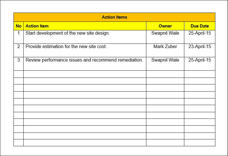 Action Items Word Template