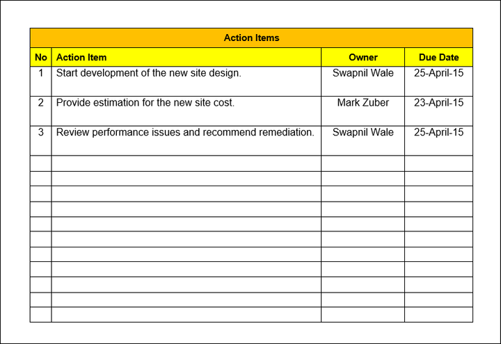 Action Items Word Template, Action Items Template, Action Items 