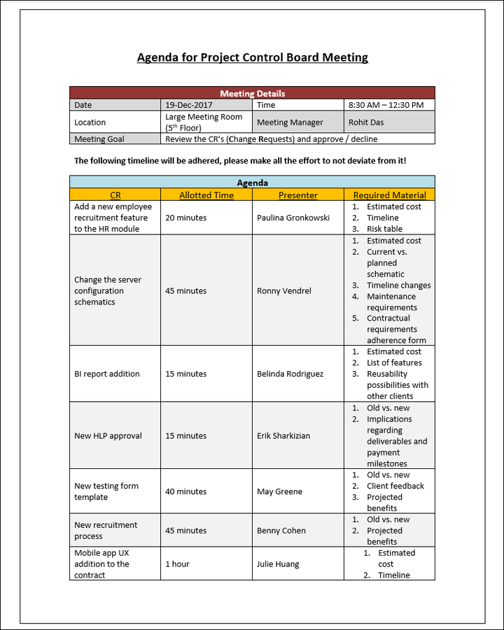 Agenda for Project Control Board Meeting