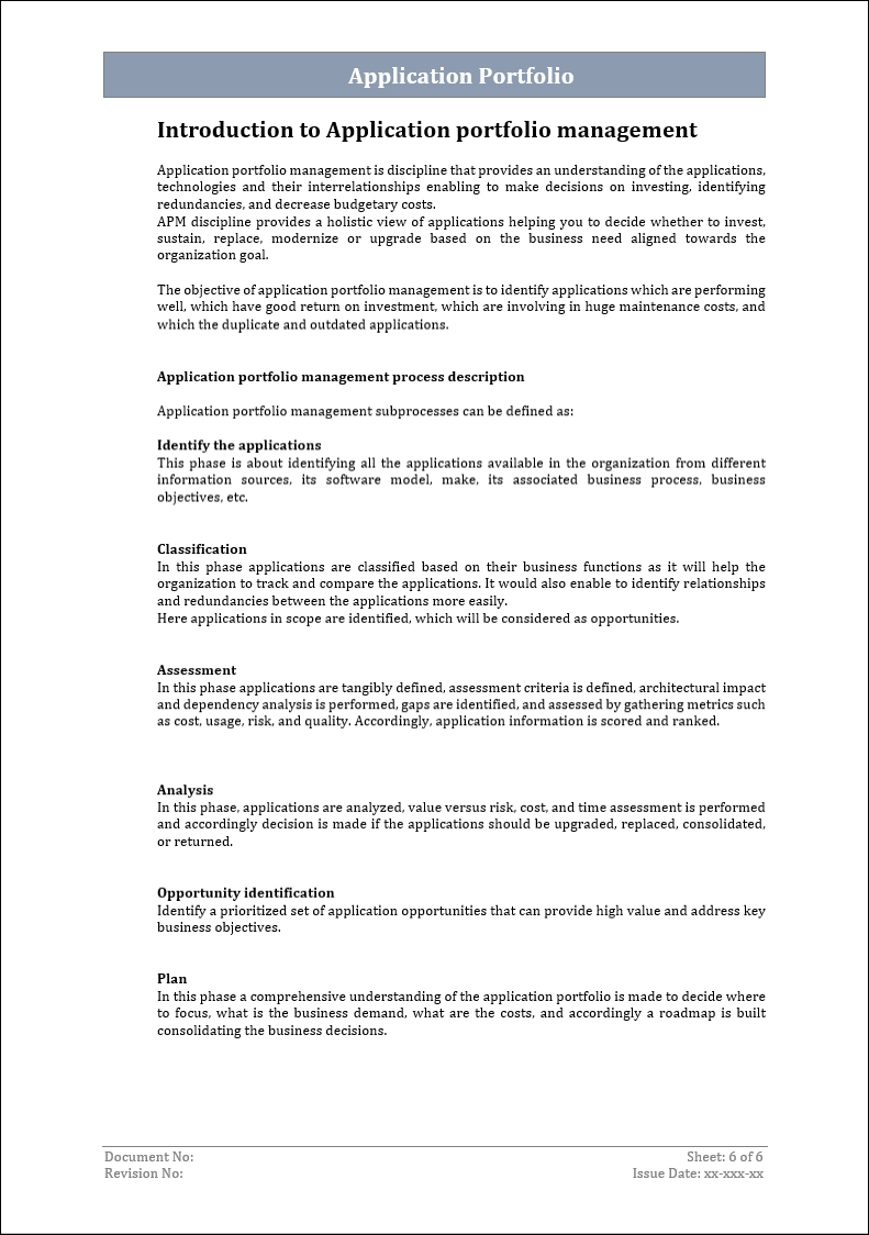 Application portfolio template, Application portfolio