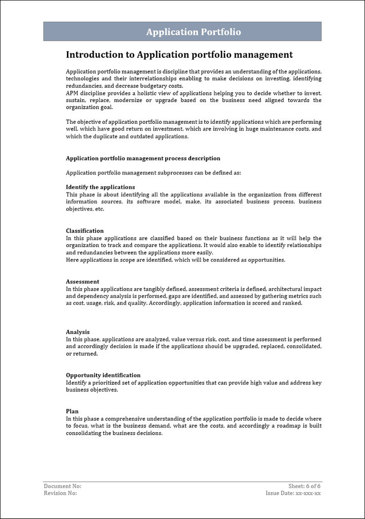 Application portfolio template, Application portfolio