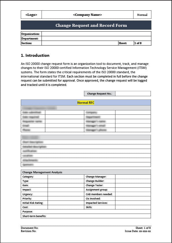 ISO 20000 Request for Change and Change Record template