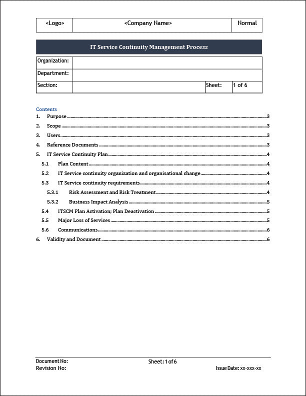 ISO 20000  IT Service Continuity Management Process template