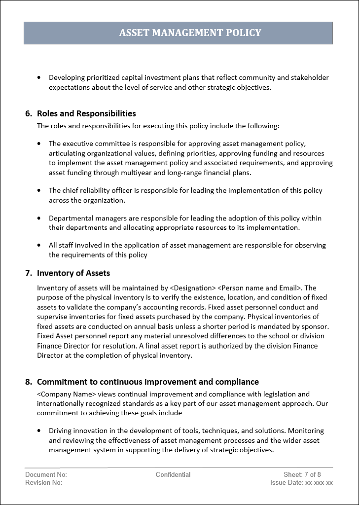 asset management template, asset management policy, asset management policy template