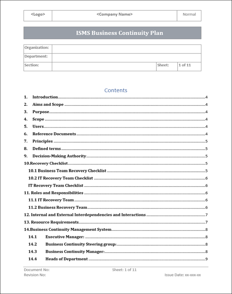 ISMS Business Continuity Plan Template