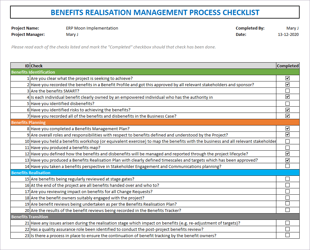 Benefits Realization Management Process Checklist 