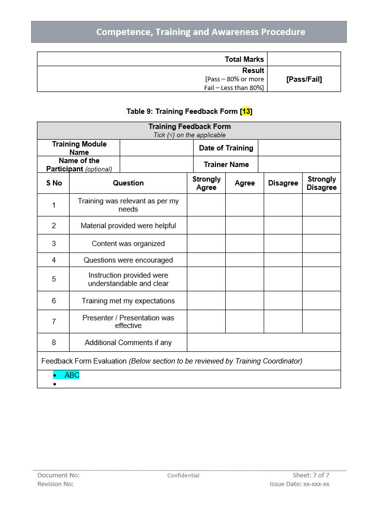 training feedback form