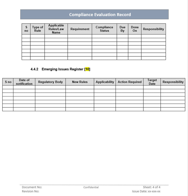 Compliance evaluation record, Issue register 