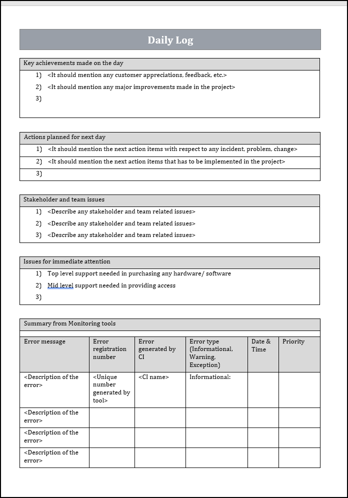 Sample Daily Log Daily Log Template – ISO Templates and Documents Download