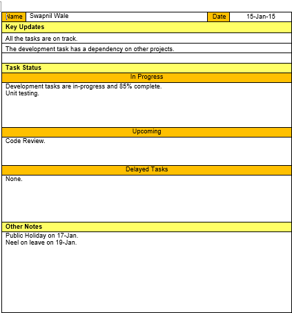 Daily Status Update Example Daily Status Report Template - Excel and Word Template – ISO Templates ...
