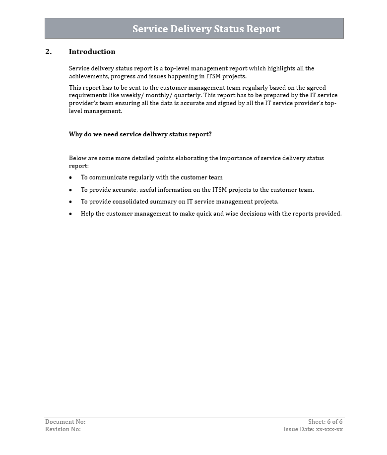 Delivery Reporting Pdf Example Service Delivery Status Report – ISO Templates and Documents Download