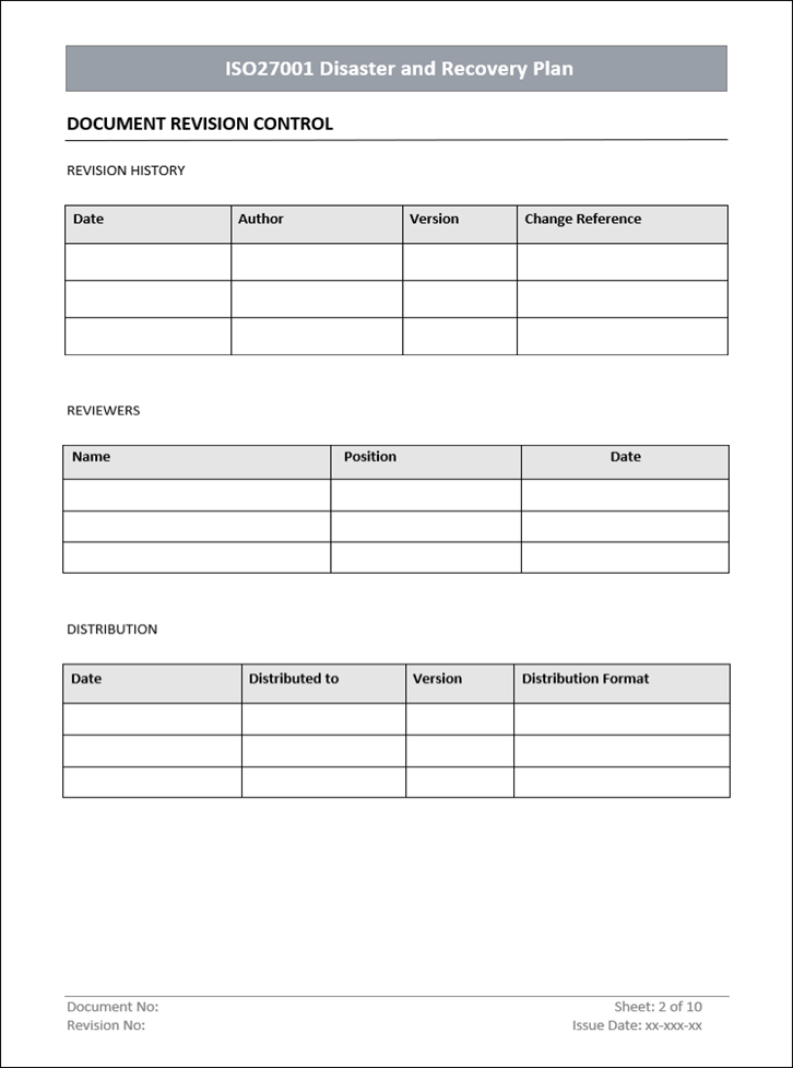 Disaster and recovery plan, Disaster and recovery plan template