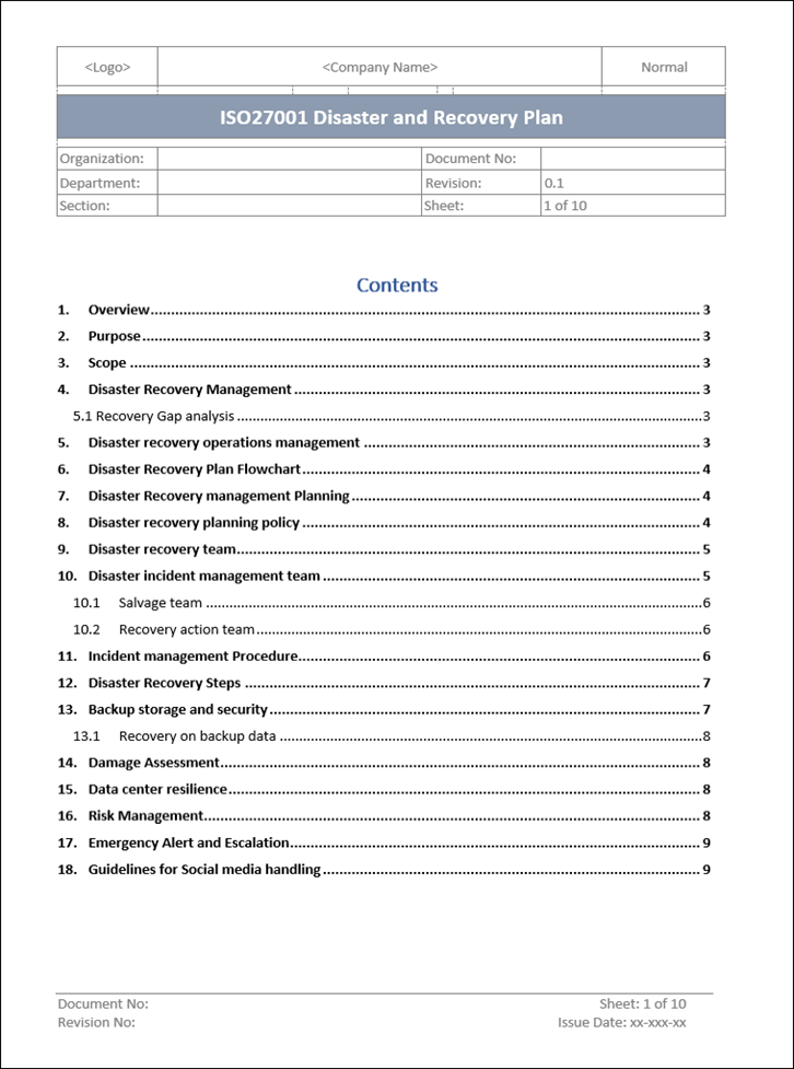 Disaster and recovery plan, Disaster and recovery plan template