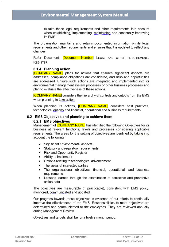 Environment management system, EMS objectives