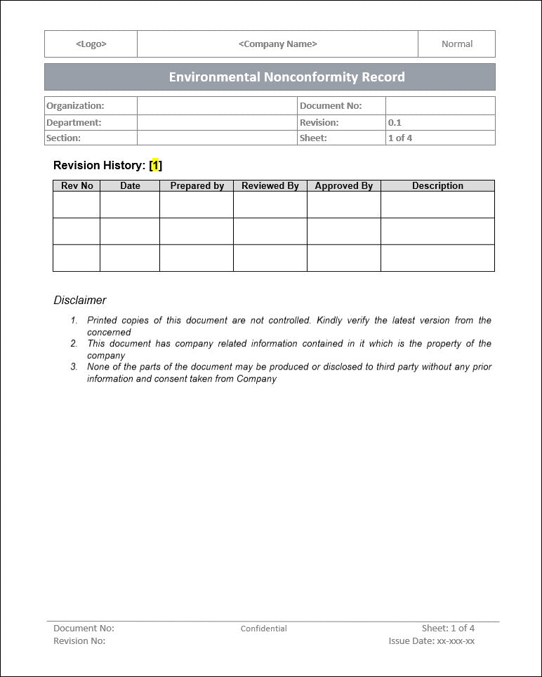 Environmental nonconformity Record- ISO 14001 – ISO Templates and ...