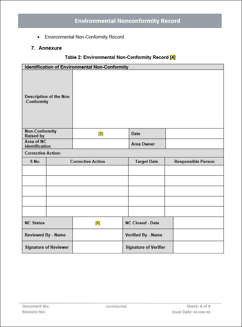 Environment Nonconformity Record, Environmental Nonconformity Record