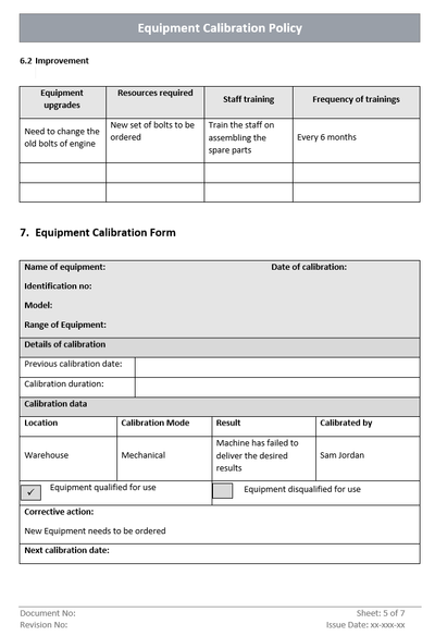 Equipment Calibration Policy Form