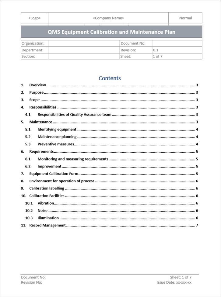 QMS Equipment calibration and maintenance plan