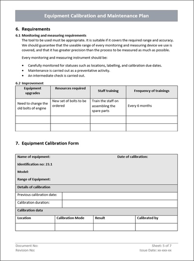 QMS Equipment calibration and maintenance plan, Equipment calibration form