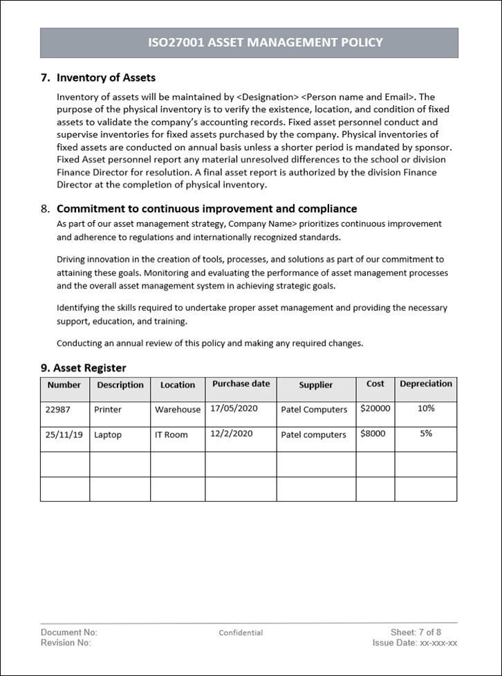 Asset management, Asset management policy