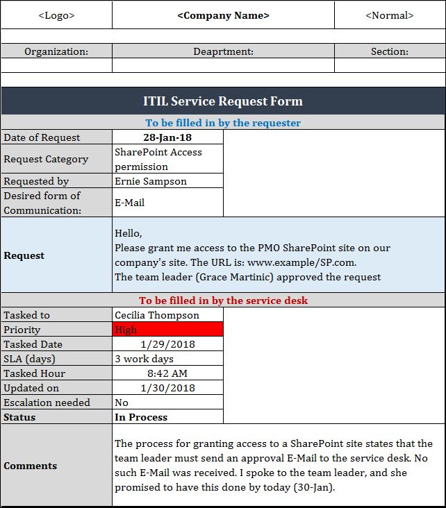 ITIL Service Request Form Template, ITIL Service Request Form