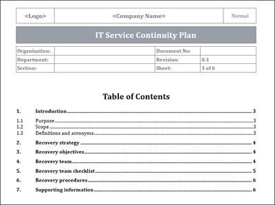 IT Service Continuity Plan, Service Continuity Plan