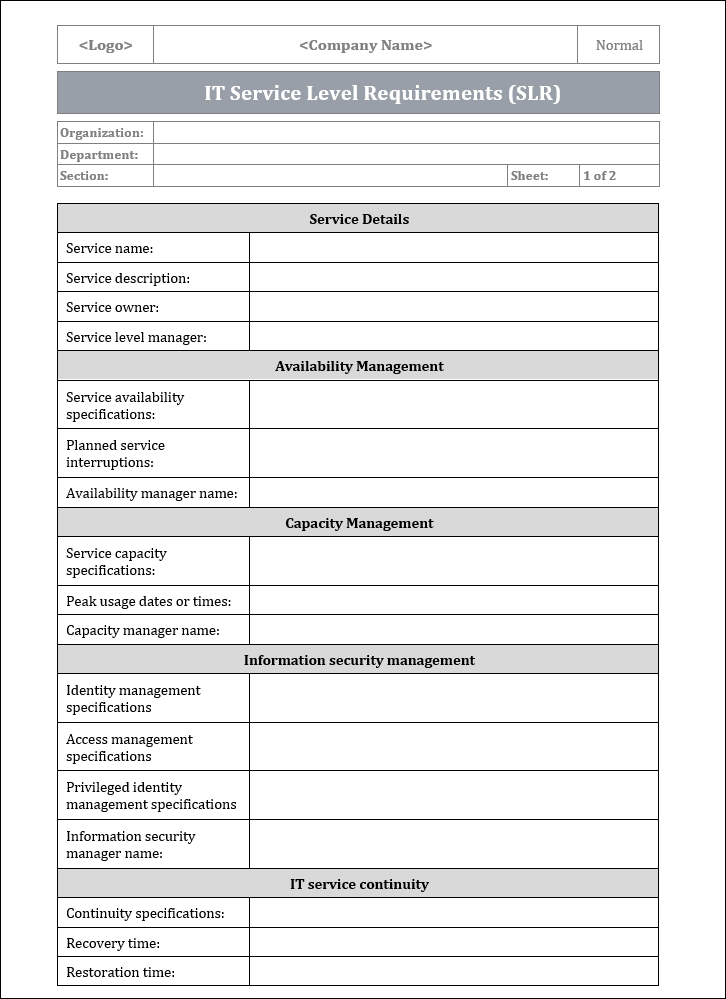 IT Service Level requirement Template, IT Service Level requirement 