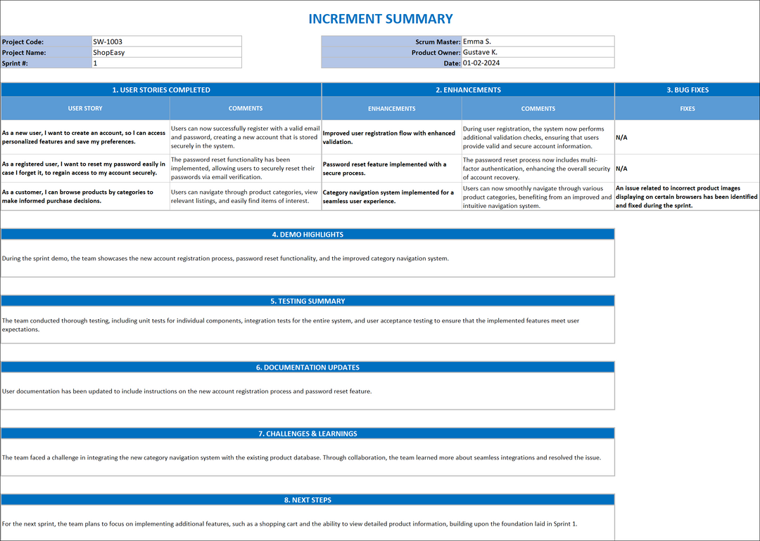 Increment Summary Template