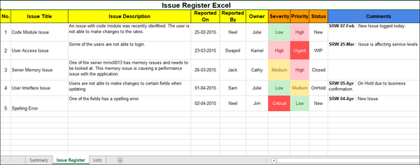 Issue Register Excel Template