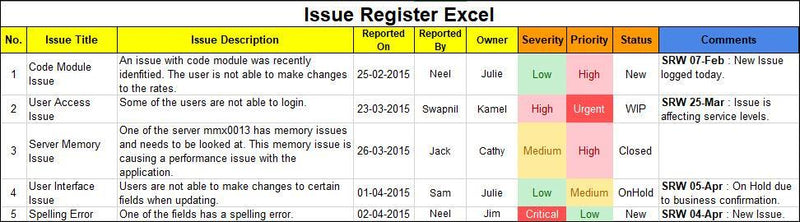 Issue Register Excel Template