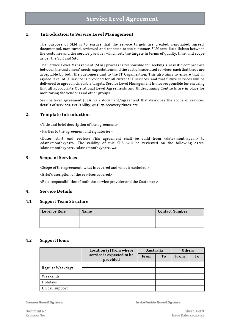 ISO service level agreement template showing scope services support team structure and support hours