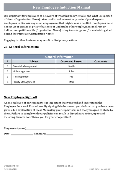 New Employee Induction Manual Word Template