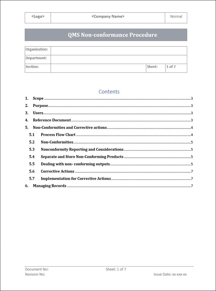 QMS 9001 Non Conformance Procedure – ISO Templates and Documents Download