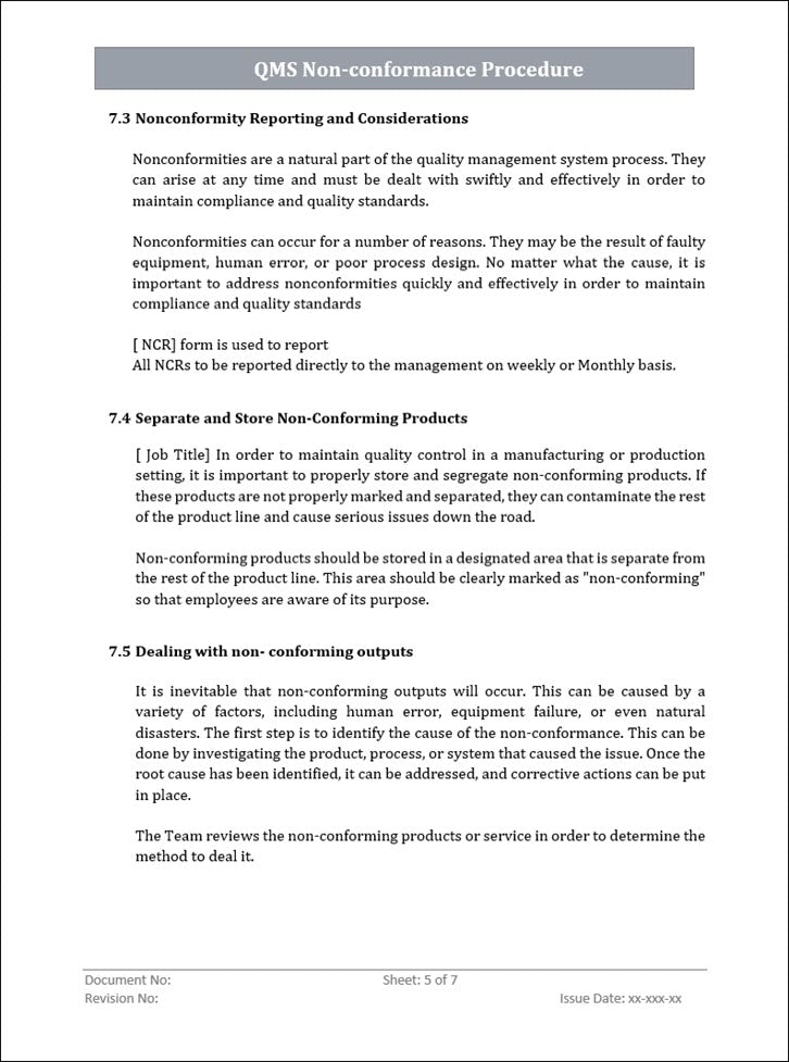 Non Conformity Following Risk Management Process QMS 9001 Non Conformance Procedure – ISO Templates and Documents Download