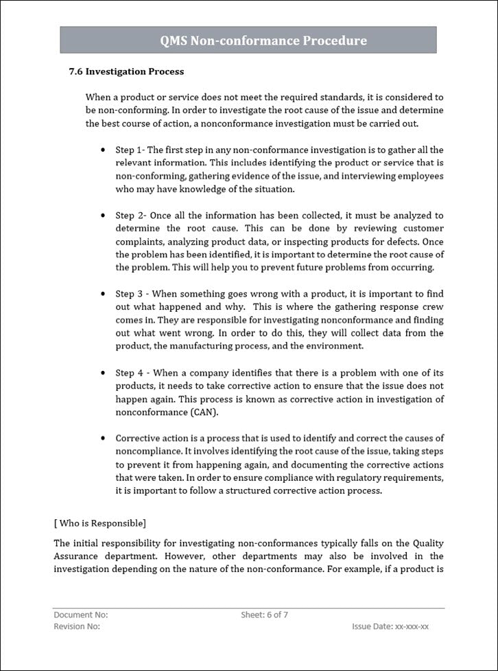Non Conformity Following Risk Management Process QMS 9001 Non Conformance Procedure – ISO Templates and Documents Download