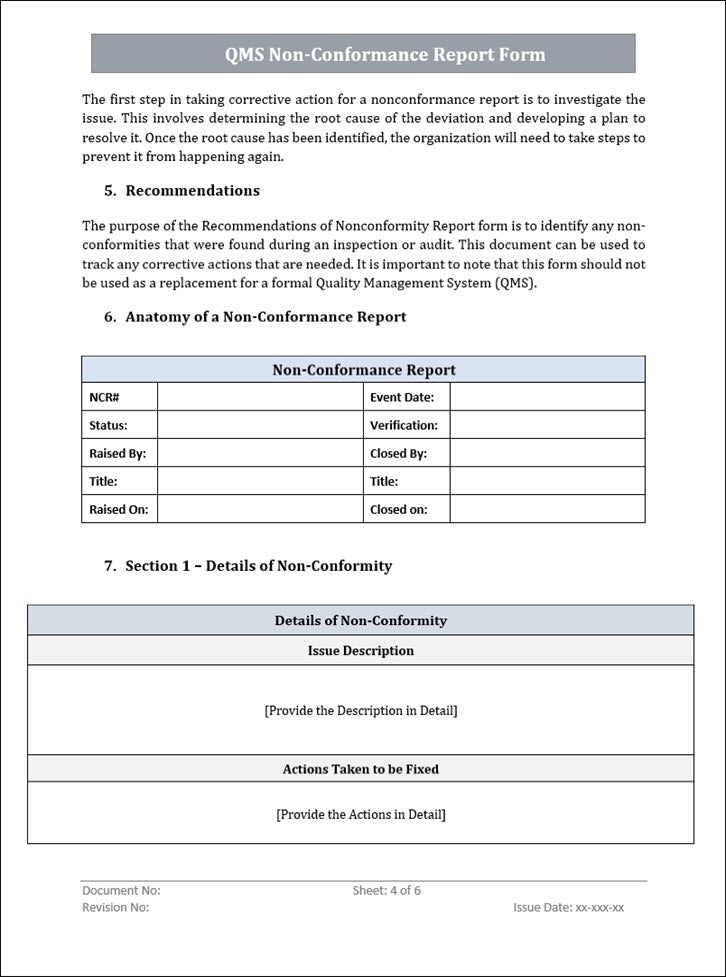 Non Conformance Report Form