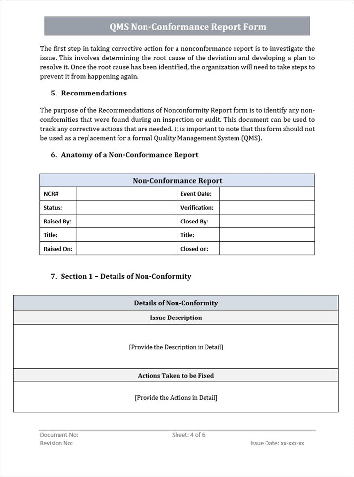 Non Conformance Report Form