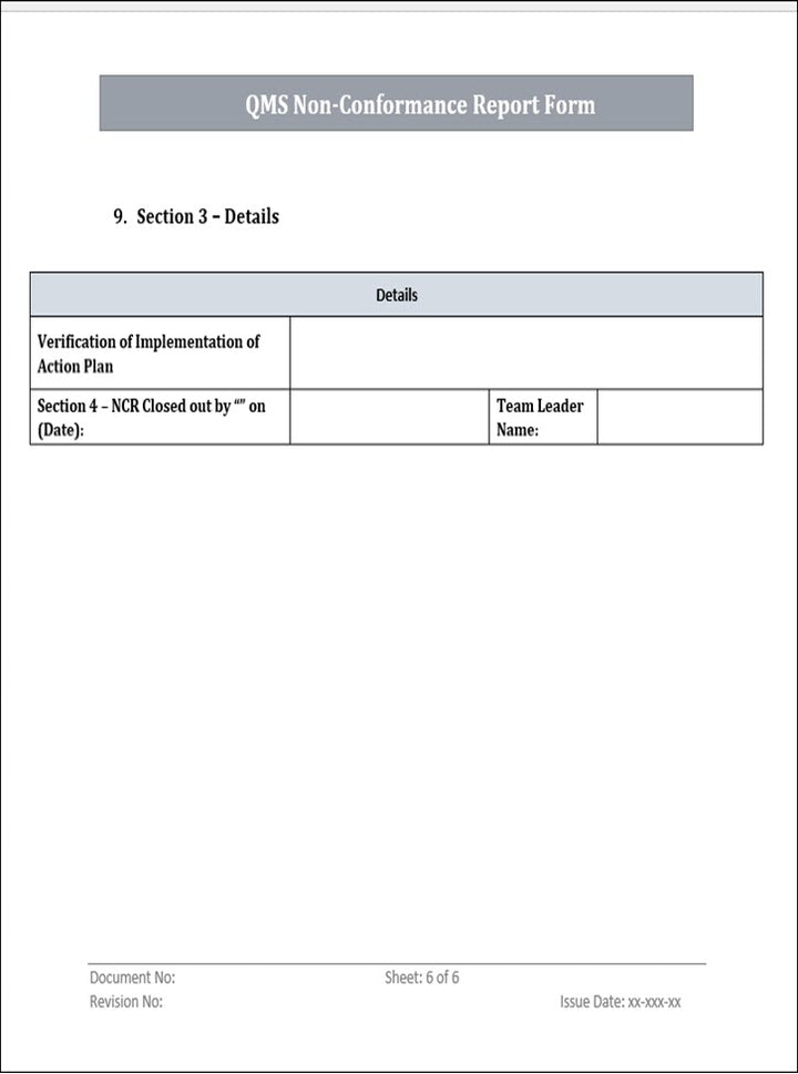 Nonconformity Form Quality Management