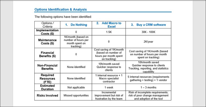 Option Analysis Word Example