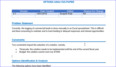 Options Analysis template, Options Analysis Word Template