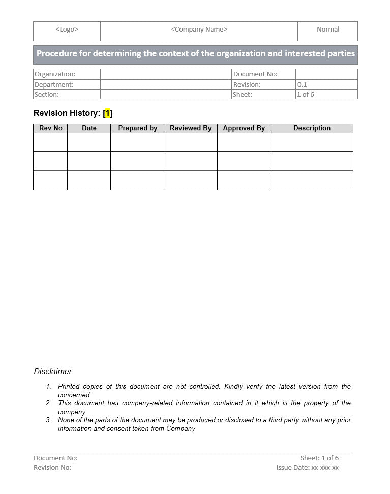 Procedure for determining the context of the organization and interested parties, organization context