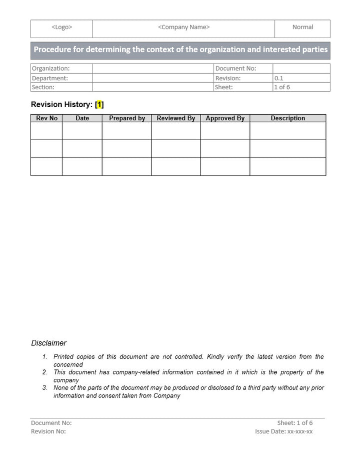 Procedure for determining the context of the organization and interested parties, organization context