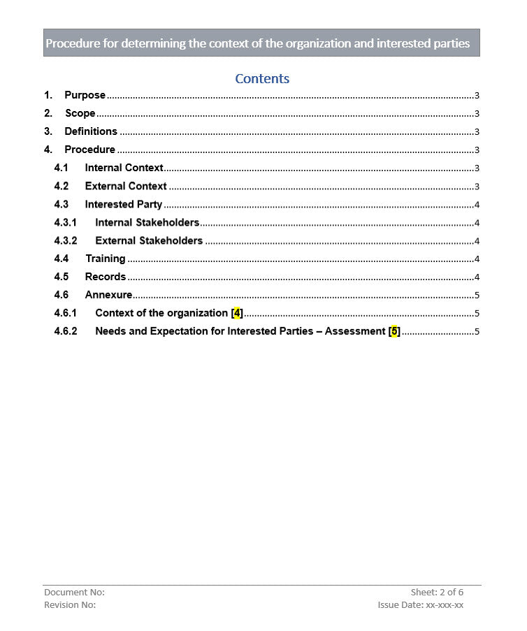 Procedure for determining the context of the organization and interested parties, organization context