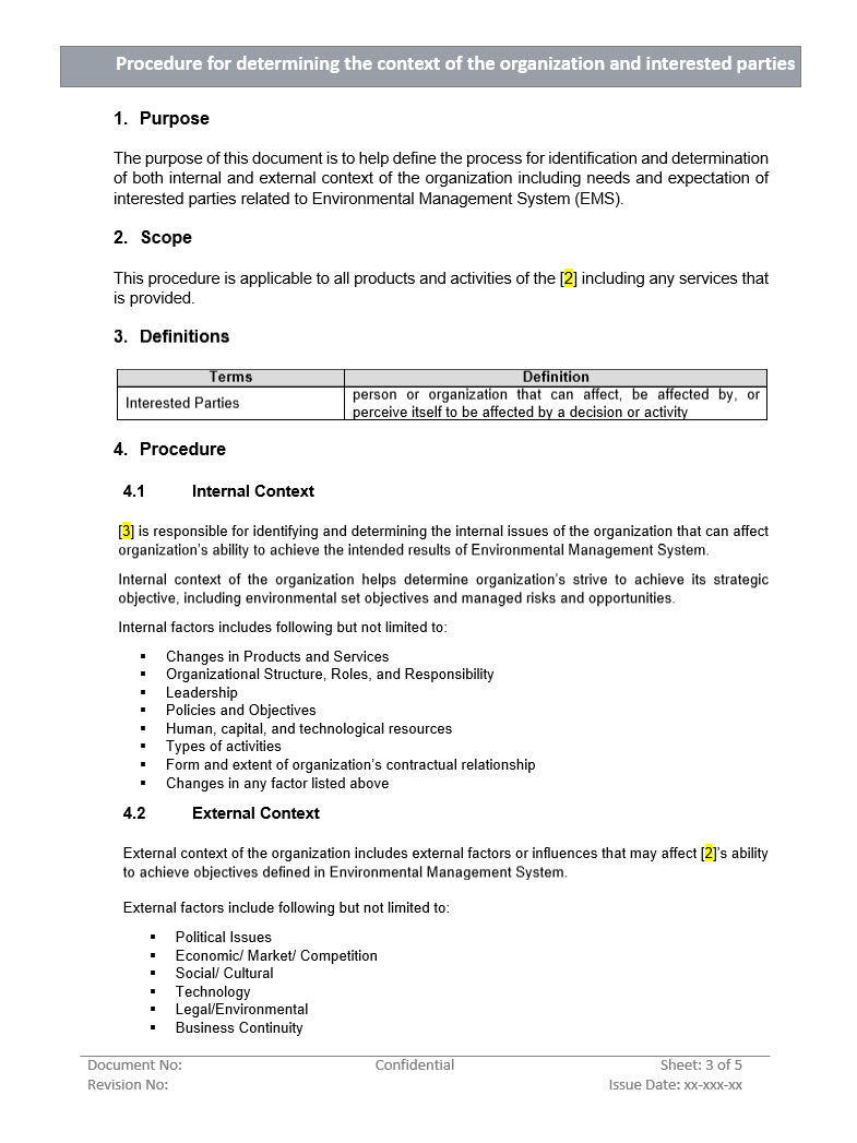 Procedure for determining the context of the organization and interested parties, internal context