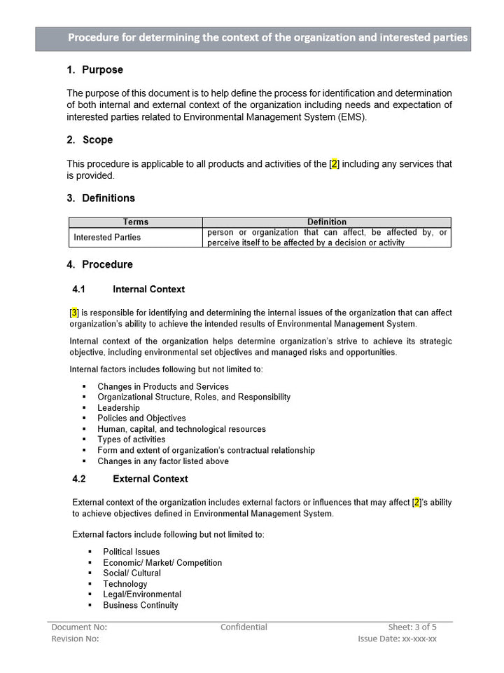 Procedure for determining the context of the organization and interested parties, internal context