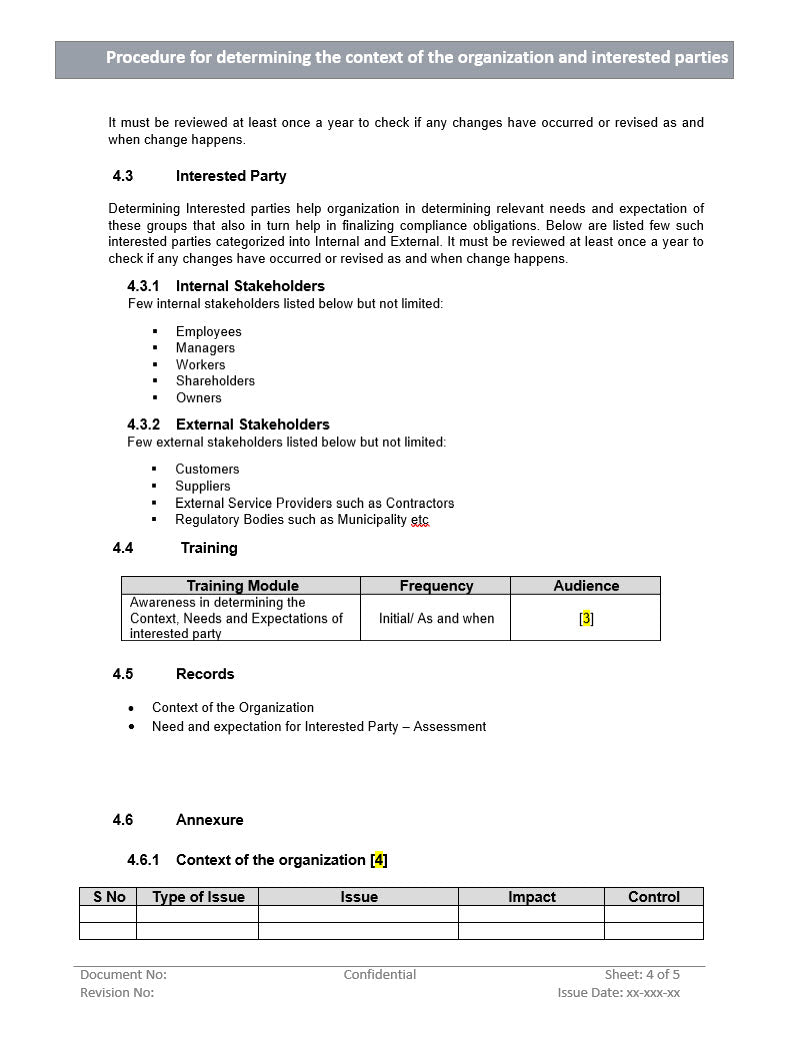 Procedure for determining the context of the organization and interested parties, internal stakeholders