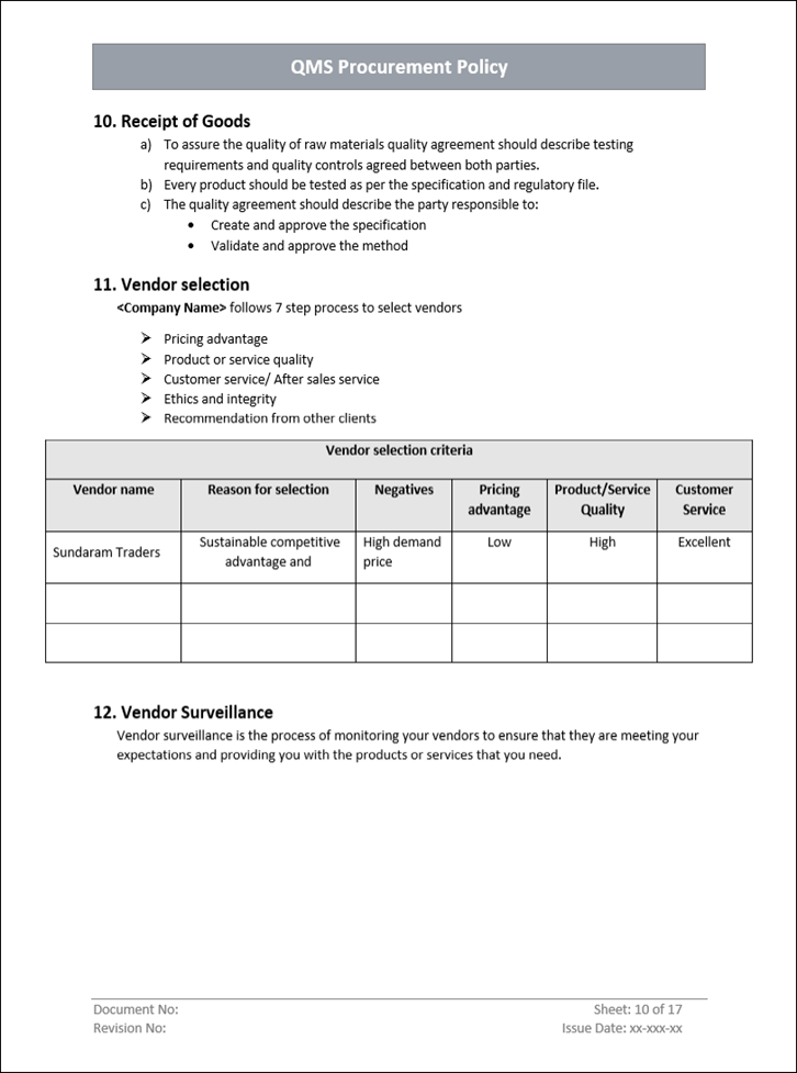 QMS Procurement Template Word  Vendor Selection