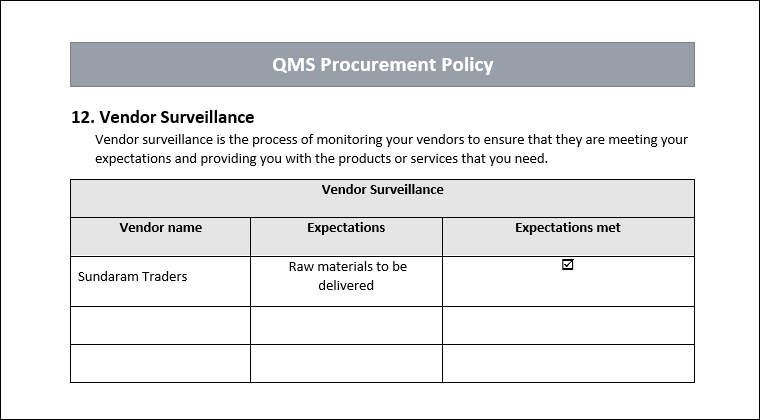 QMS Procurement Vendor Surveillance