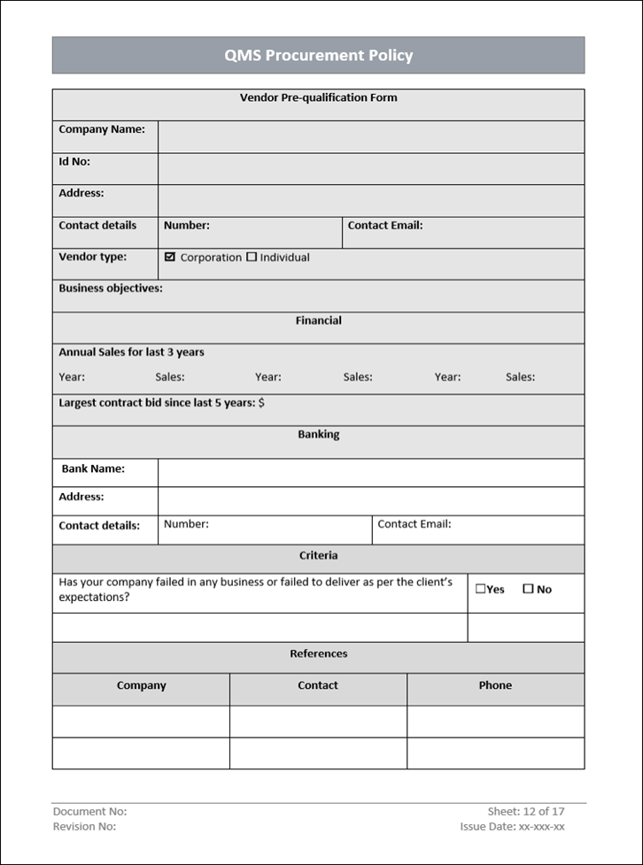 QMS Procurement Word Template Vendor Pre qualification form