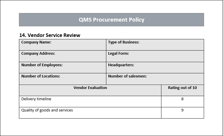 QMS Procurement Template Vendor service review